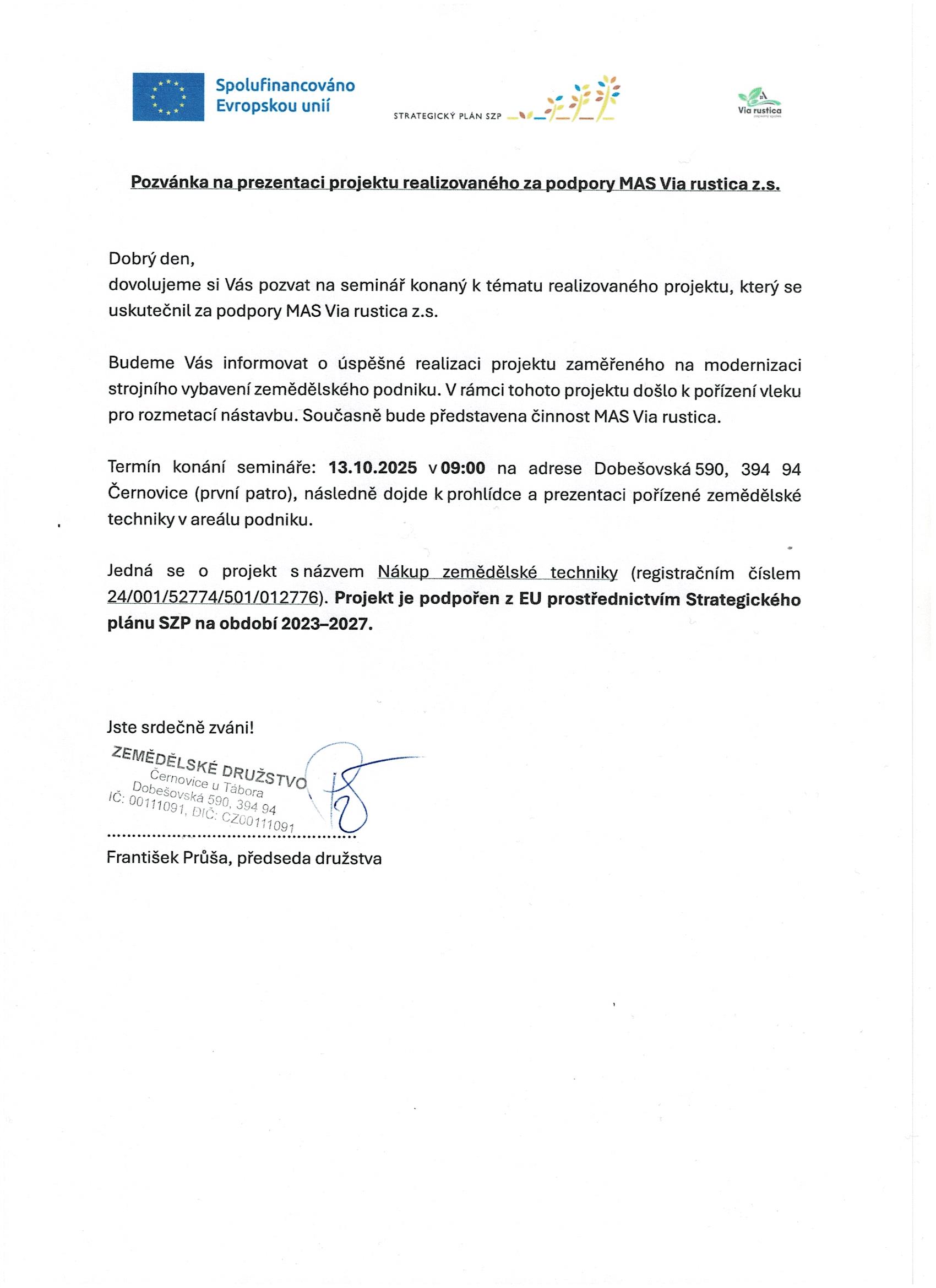 Pozvánka na prezentaci projektu